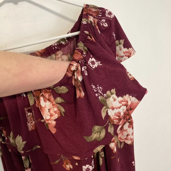 LAVISH Plus Size Burgundy Maroon Red Floral Off the Shoulder Boho Blouse JUNIORS - Picture 5 of 11